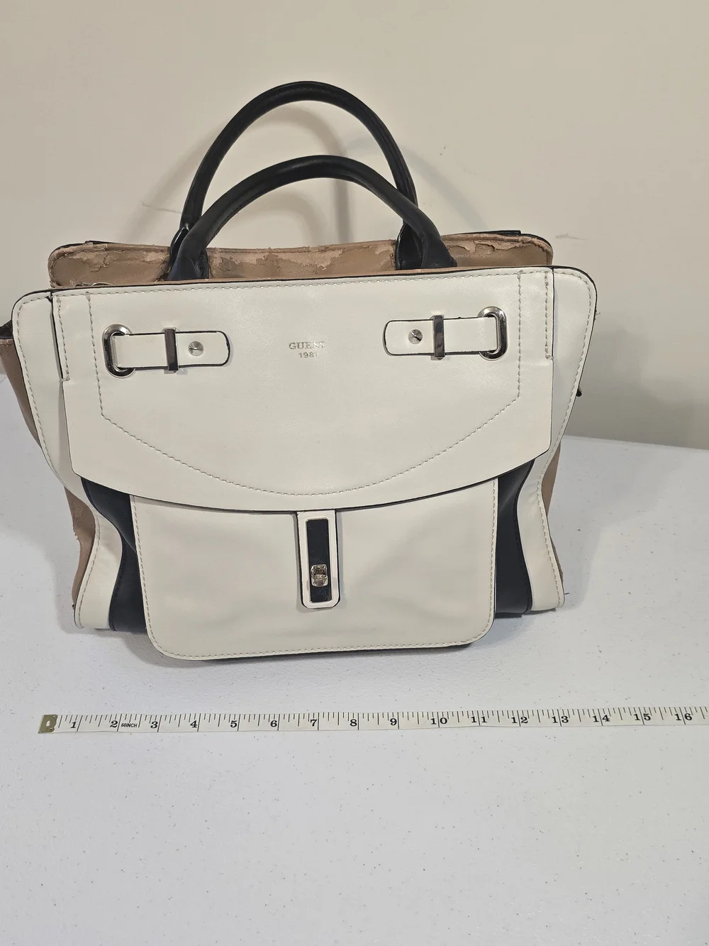 Guess White and Black Faux Leather Satchel Handbag